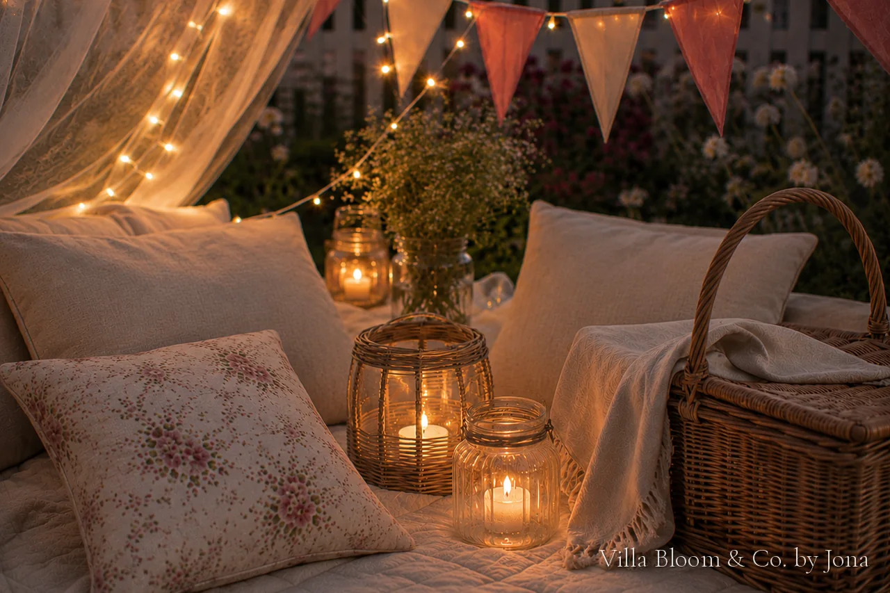 Cosy summer picnic at dusk with fairy lights, lanterns, candles, floral cushions and a wicker basket on a quilted blanket