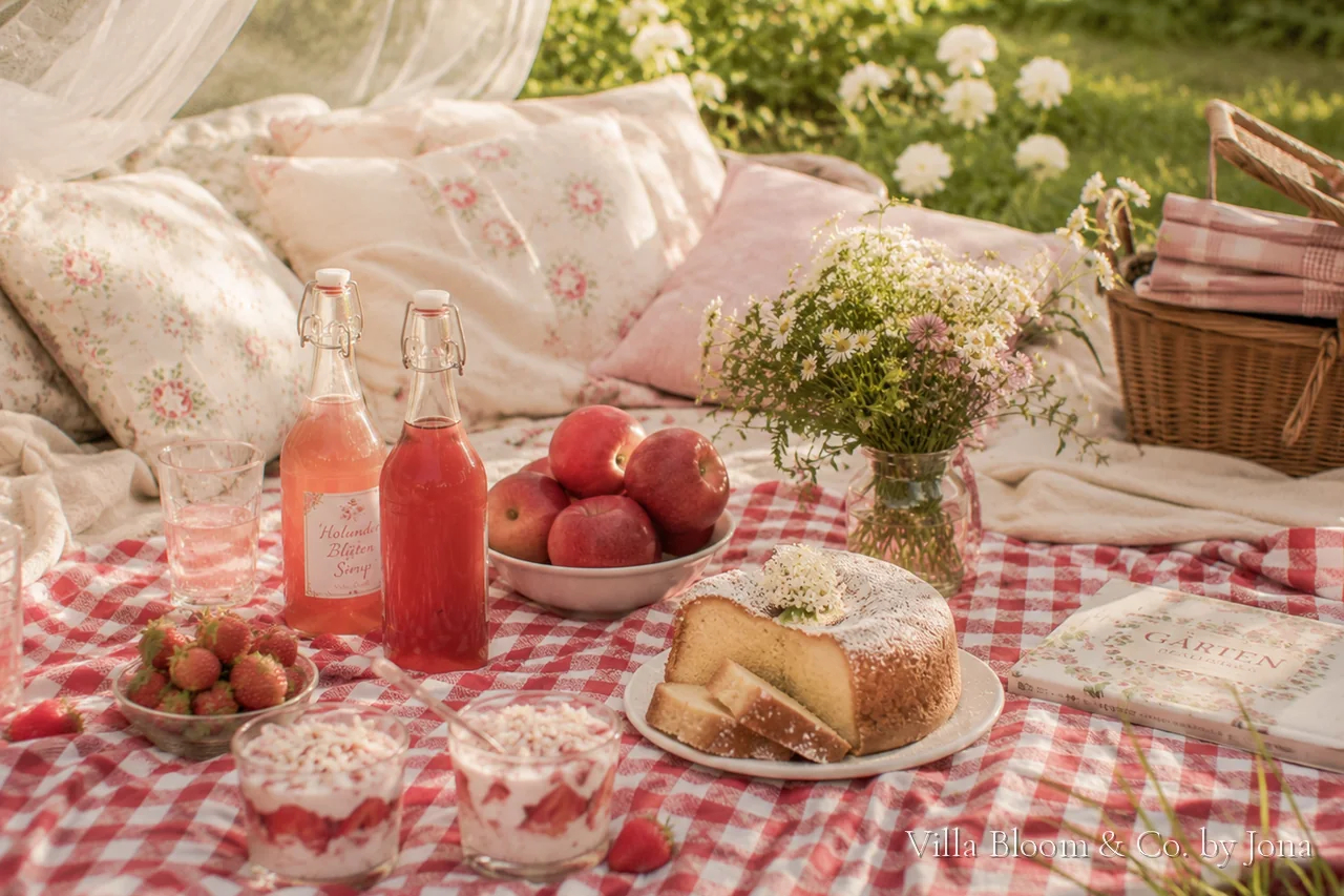 Picnic blanket with elderflower cordial in bottles, strawberries, apples, bundt cake and strawberry dessert in a jar in warm summer light