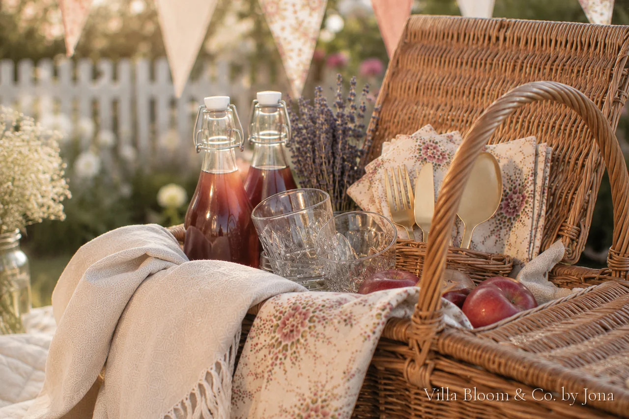 Wicker picnic basket with elderflower cordial in swing-top bottles, lavender, floral napkins, golden cutlery and apples in golden evening light
