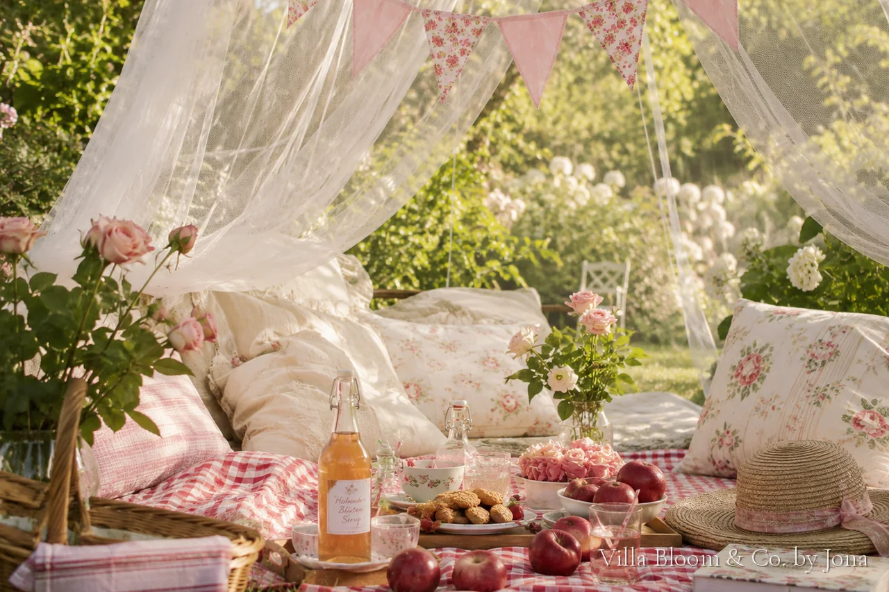 Romantisches Sommerpicknick im Garten unter einem Mückennetz-Baldachin mit Wimpelkette, Rosen und geblümten Kissen