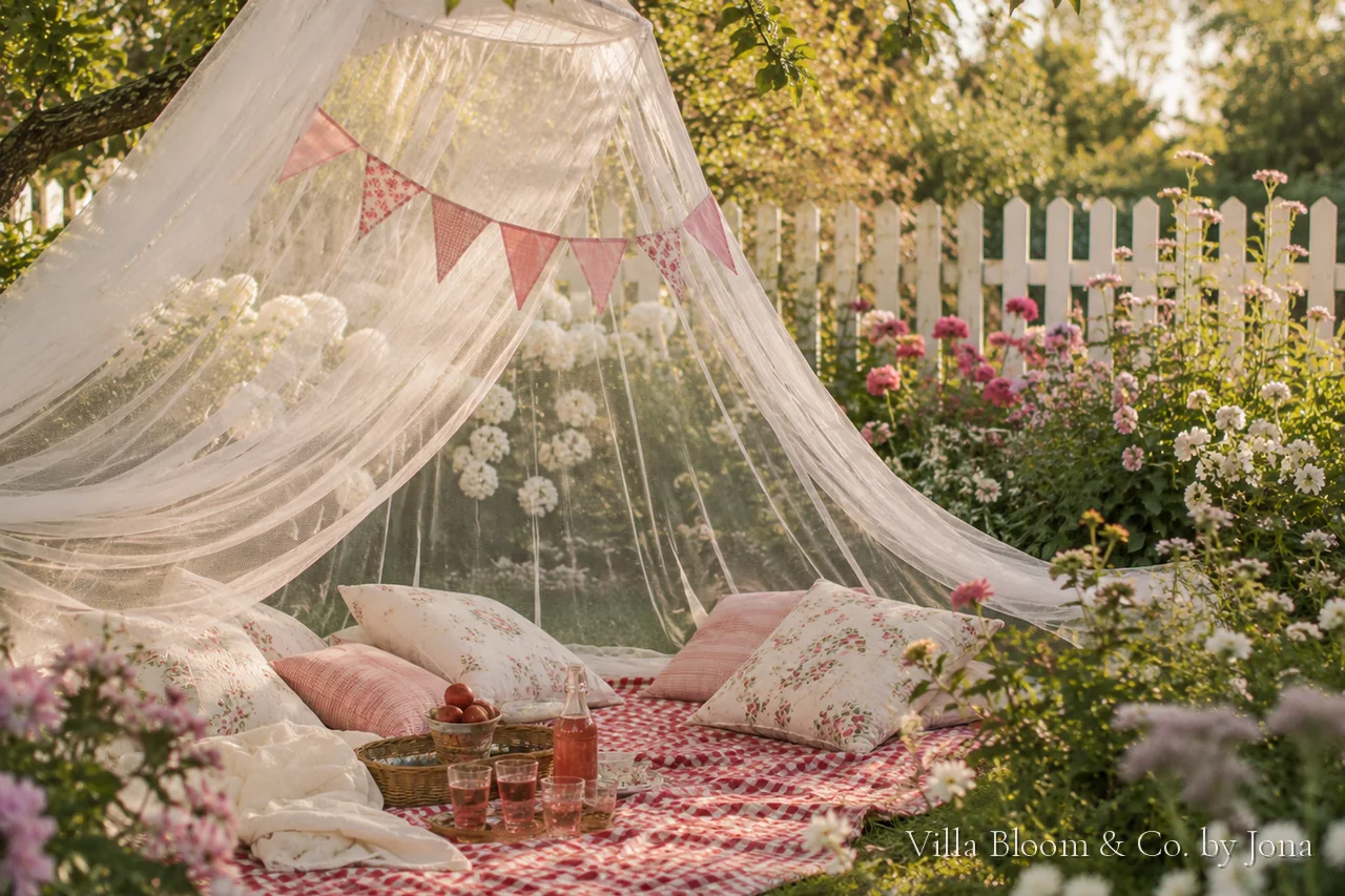 White mosquito-net canopy over a checked picnic blanket in the garden, with pink bunting, flowers and floral cushions
