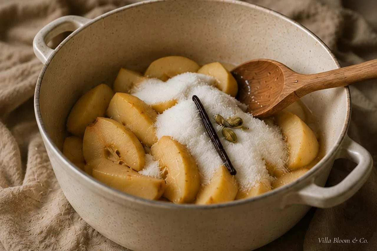 Quittenstücke im Topf mit Zucker, Vanilleschote und Kardamomkapseln