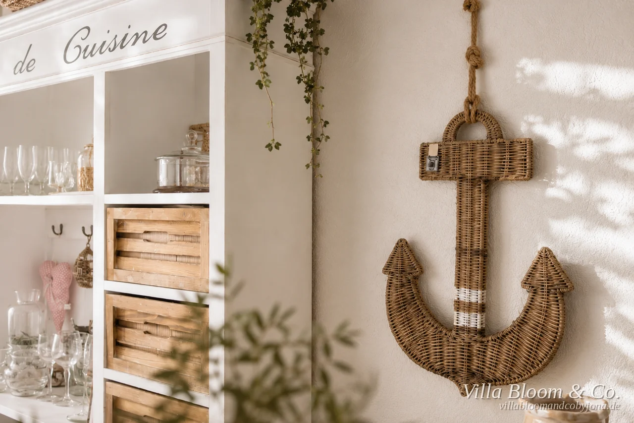 Großer Anker aus Rattan an der Wand neben dem weißen Küchenbuffet