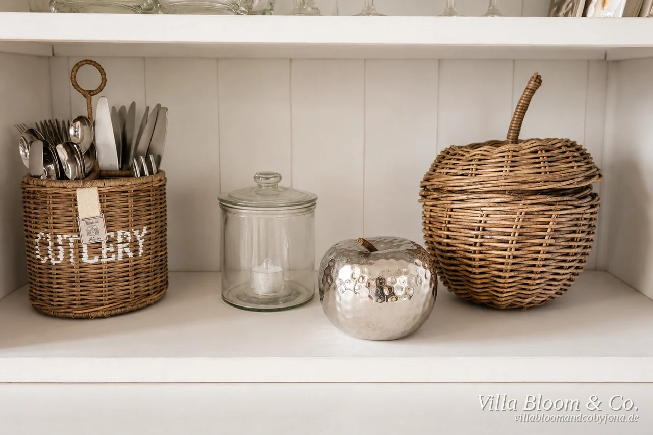 Besteckkorb „Cutlery“ aus Rattan, ein silberner Apfel und ein Apfelkorb aus Korb im Regal