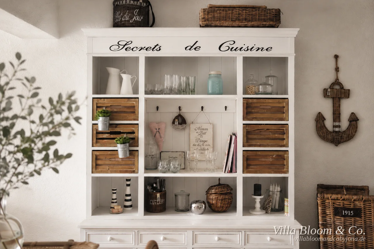 Weißer Landhaus-Buffetschrank voller Korb- und Rattan-Accessoires – Körbe, Anker, Apfel und Aufbewahrung