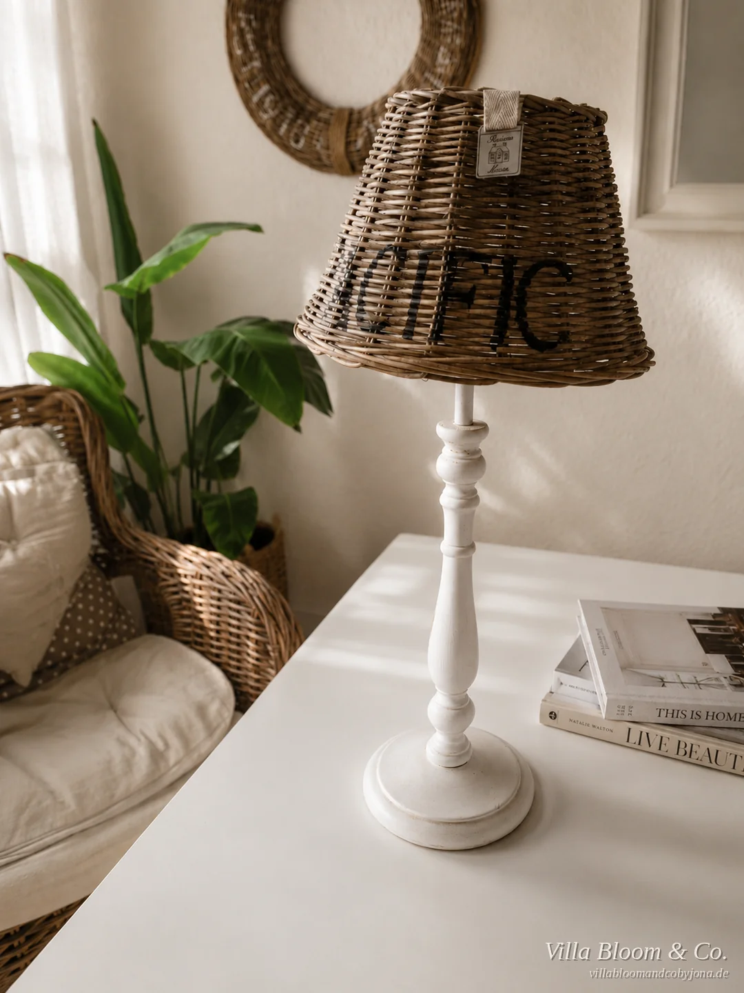 Tischlampe mit Lampenschirm aus Rattan mit Pacific-Schriftzug neben einem Korbsessel