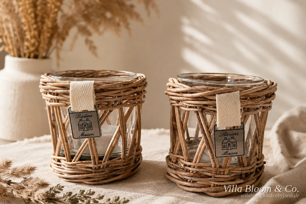 Zwei Teelichthalter aus Rattan und Glas von Riviera Maison auf einem Leinentuch