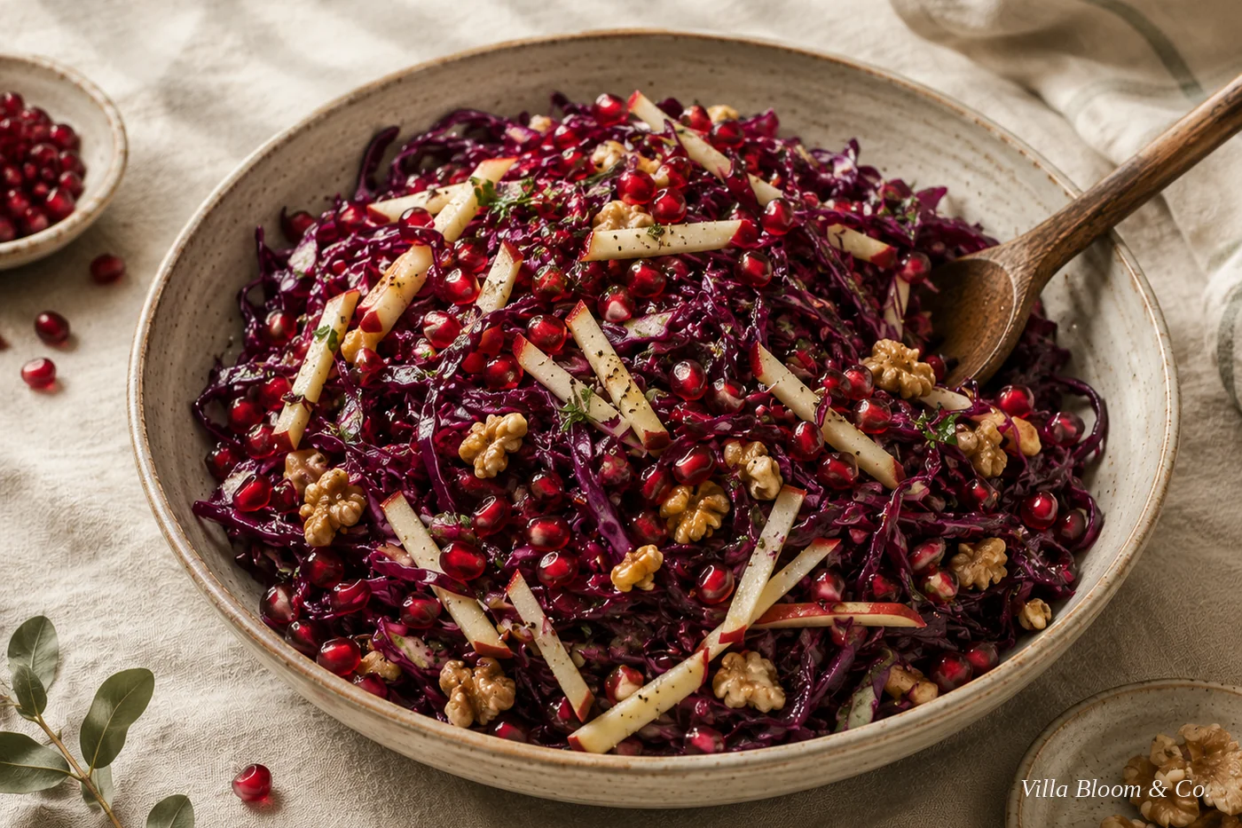 Tiefvioletter Rotkohl-Apfel-Salat mit Granatapfelkernen und gerösteten Walnüssen in einer Steingutschale