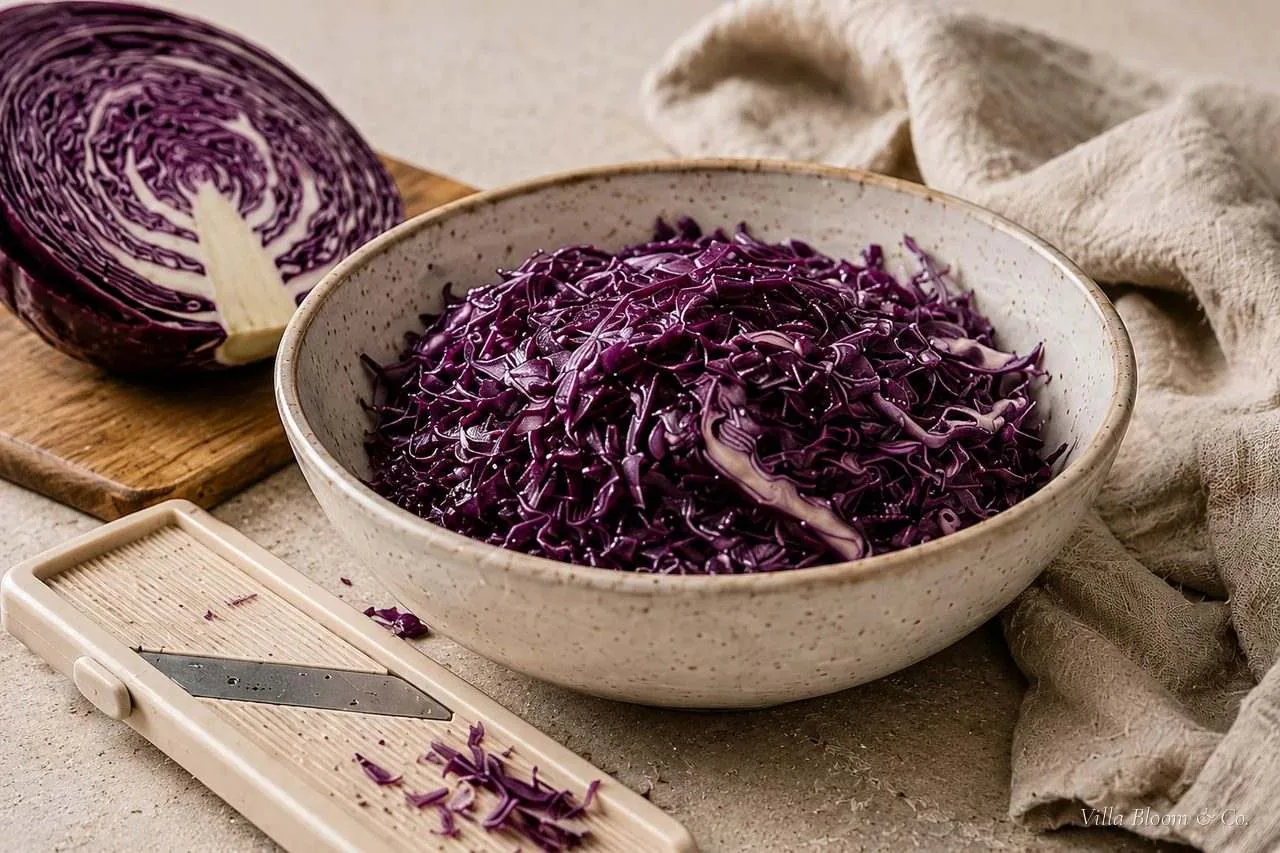 Fein gehobelter Rotkohl in einer Steingutschüssel, daneben das Messer