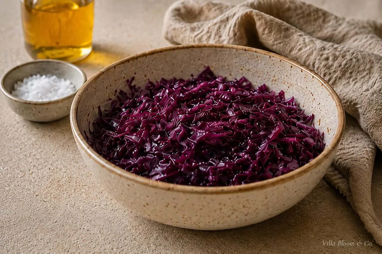 Der geknetete Rotkohl ist dunkler geworden und deutlich zusammengefallen