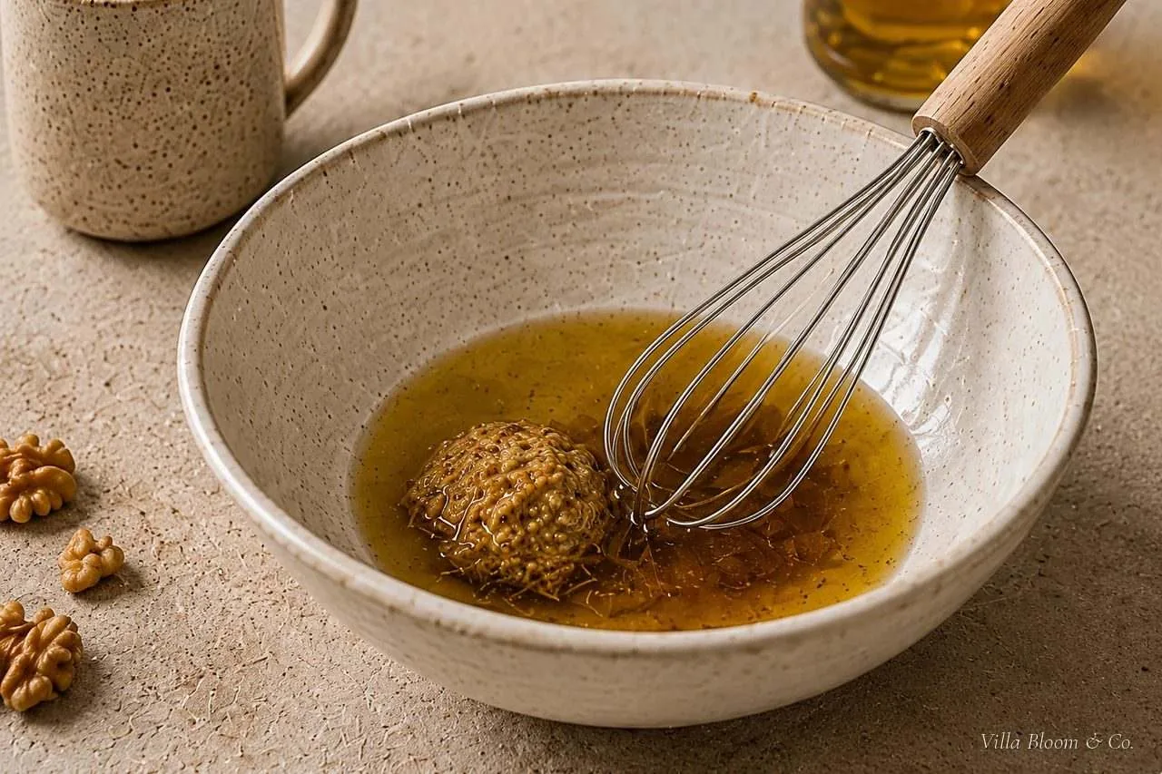 Dressing aus Walnussöl, Ahornsirup und Dijon-Senf wird mit dem Schneebesen verrührt