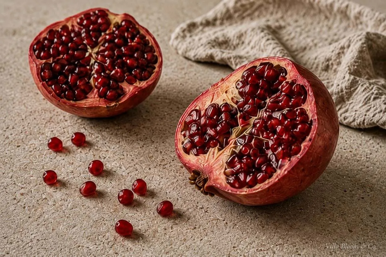Ein halbierter Granatapfel, einzelne Kerne liegen daneben
