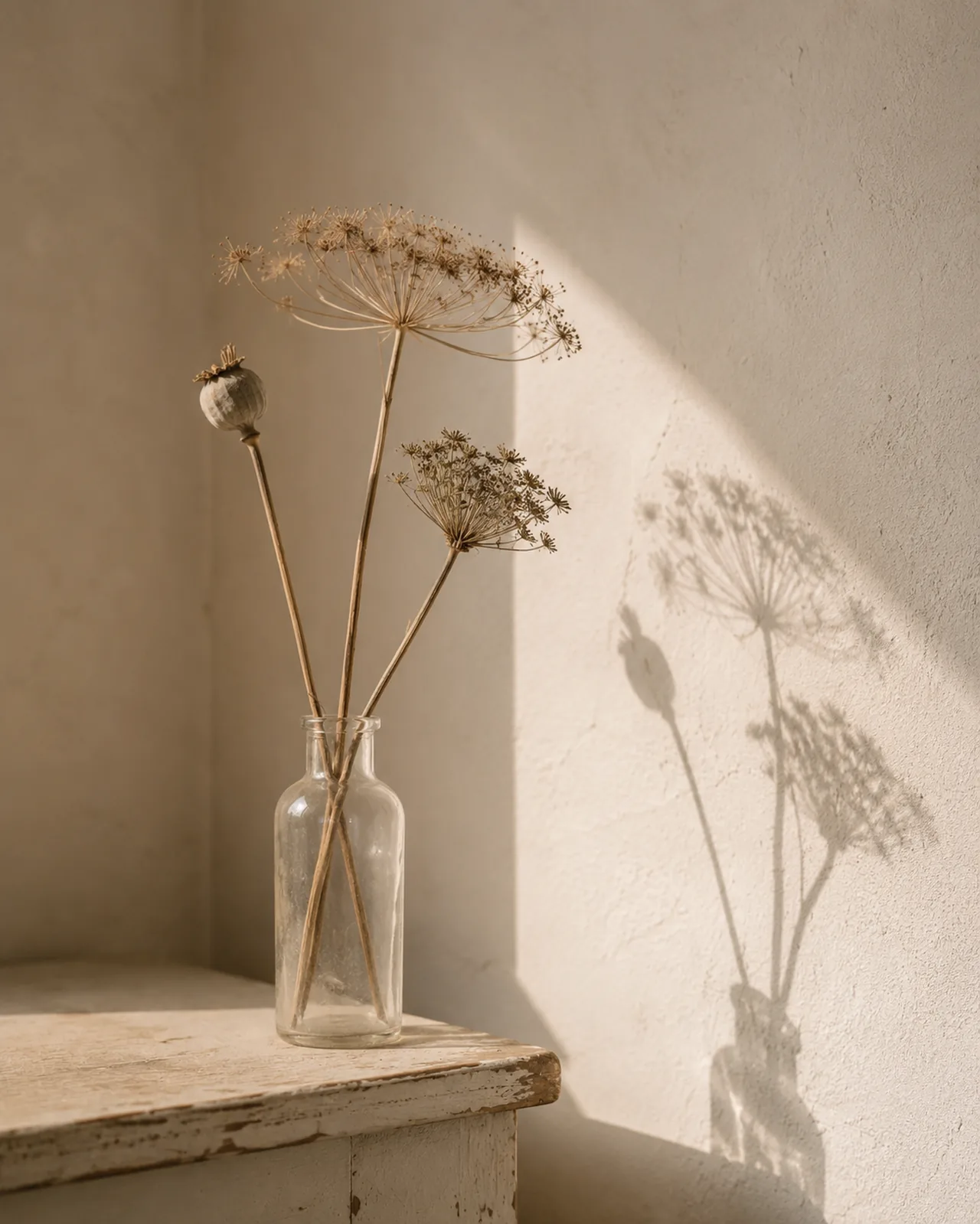Samenstände von Mohn und Wilder Möhre in enger Glasflasche
