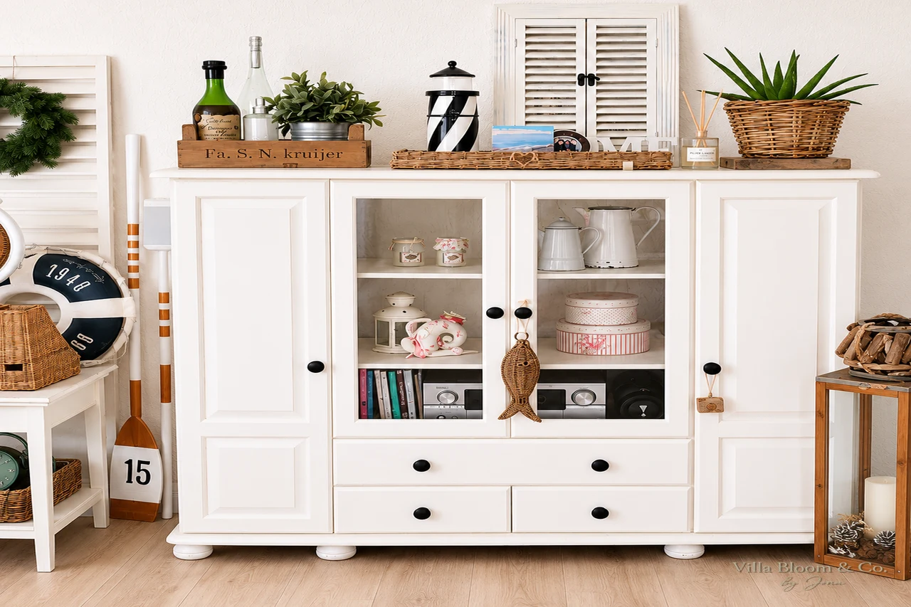 Weißes Sideboard im Landhausstil mit Leuchturm, Körben und maritimen Details