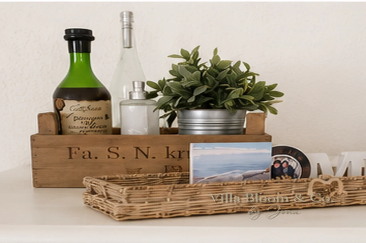 Holzkiste mit Pflanze und Raumdüfter auf weißem Sideboard im Landhausstil