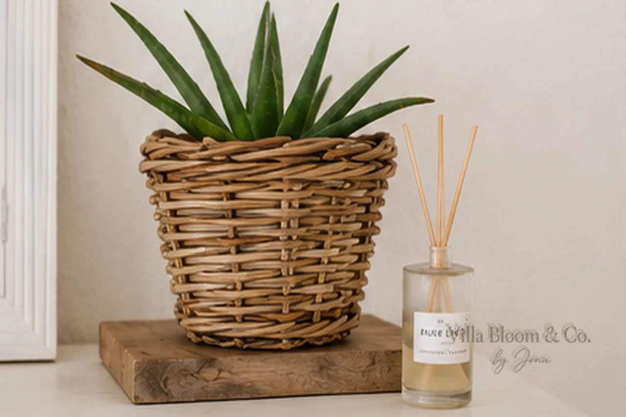 Aloe im Rattankorb mit Raumdüfter auf Sideboard im Landhausstil