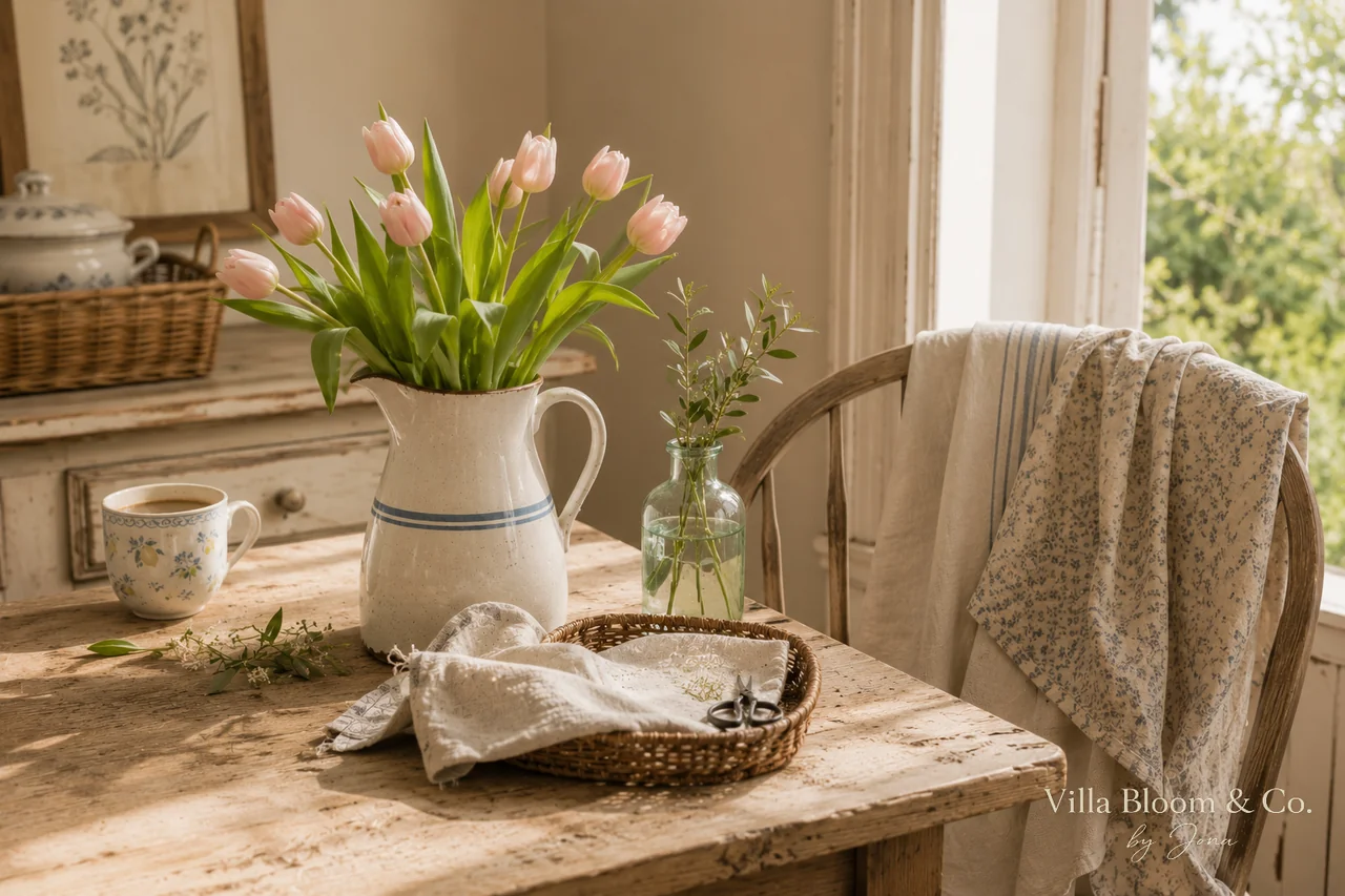 Ländlicher Frühstückstisch am Fenster mit rosa Tulpen, Kaffee und Leinen im Morgenlicht