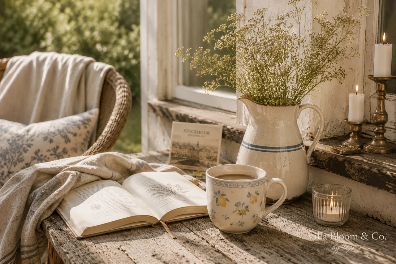 Leseecke am Fenster mit aufgeschlagenem Buch, einer Tasse Kaffee, Schleierkraut im Krug und brennenden Kerzen im Morgenlicht