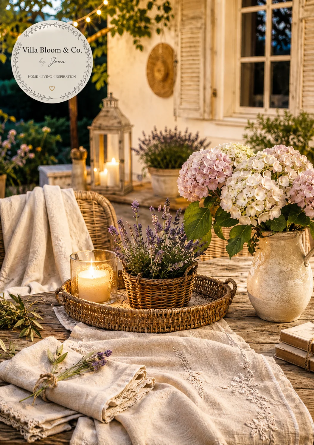 Nature morte dans la lumière chaude du soir avec hortensias roses et blancs dans une cruche crème vintage, lavande dans un panier et une bougie sur un plateau en rotin