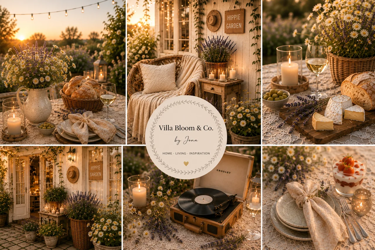 Collage de six scènes d'une soirée d'été romantique en style maison de campagne – table au jardin, guirlandes lumineuses, tourne-disque, fromage, vin et lavande