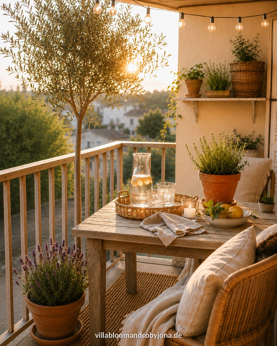 Gemütlicher Sommerabend auf dem Balkon mit Olivenbäumchen, Zitronenwasser, Kerzen und Lavendel im goldenen Abendlicht