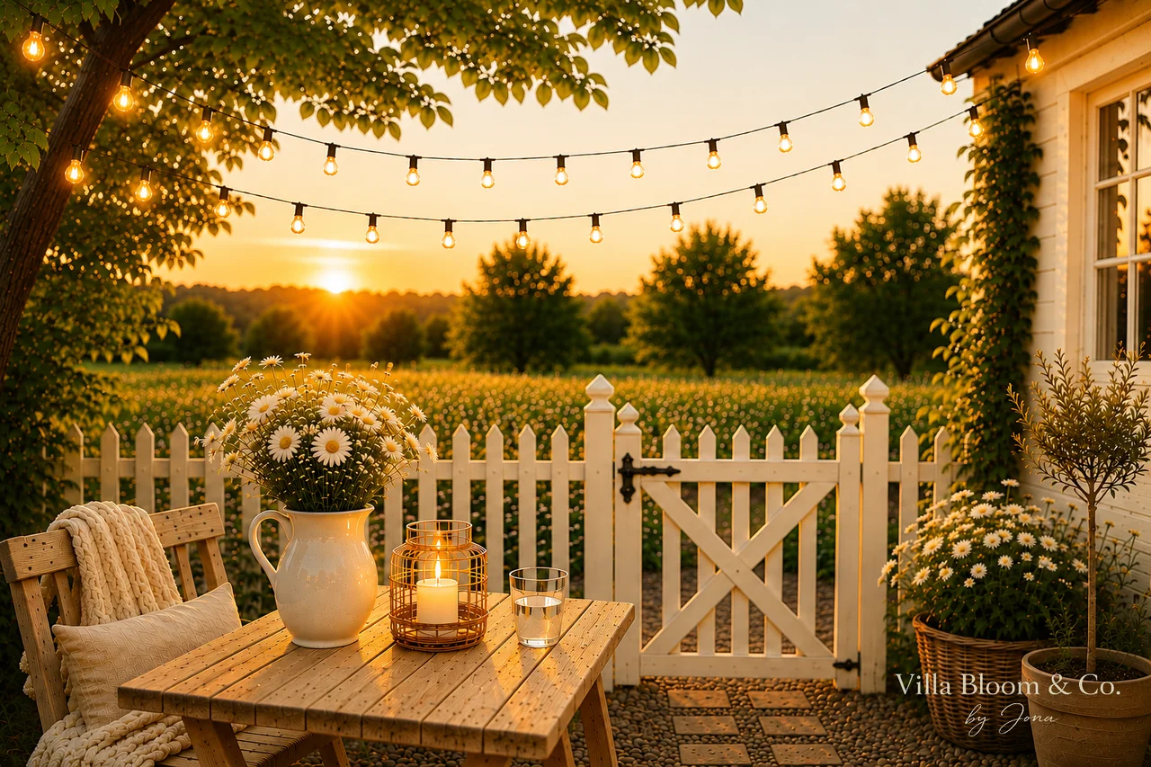 Sommerabend auf einer Landhaus-Terrasse mit warmweißen Lichterketten zwischen Baum und Hauswand, kupfernem Sturmlicht mit echter Kerze, Krug voller Margeriten und Sonnenuntergang über der Wiese hinter dem weißen Lattenzaun