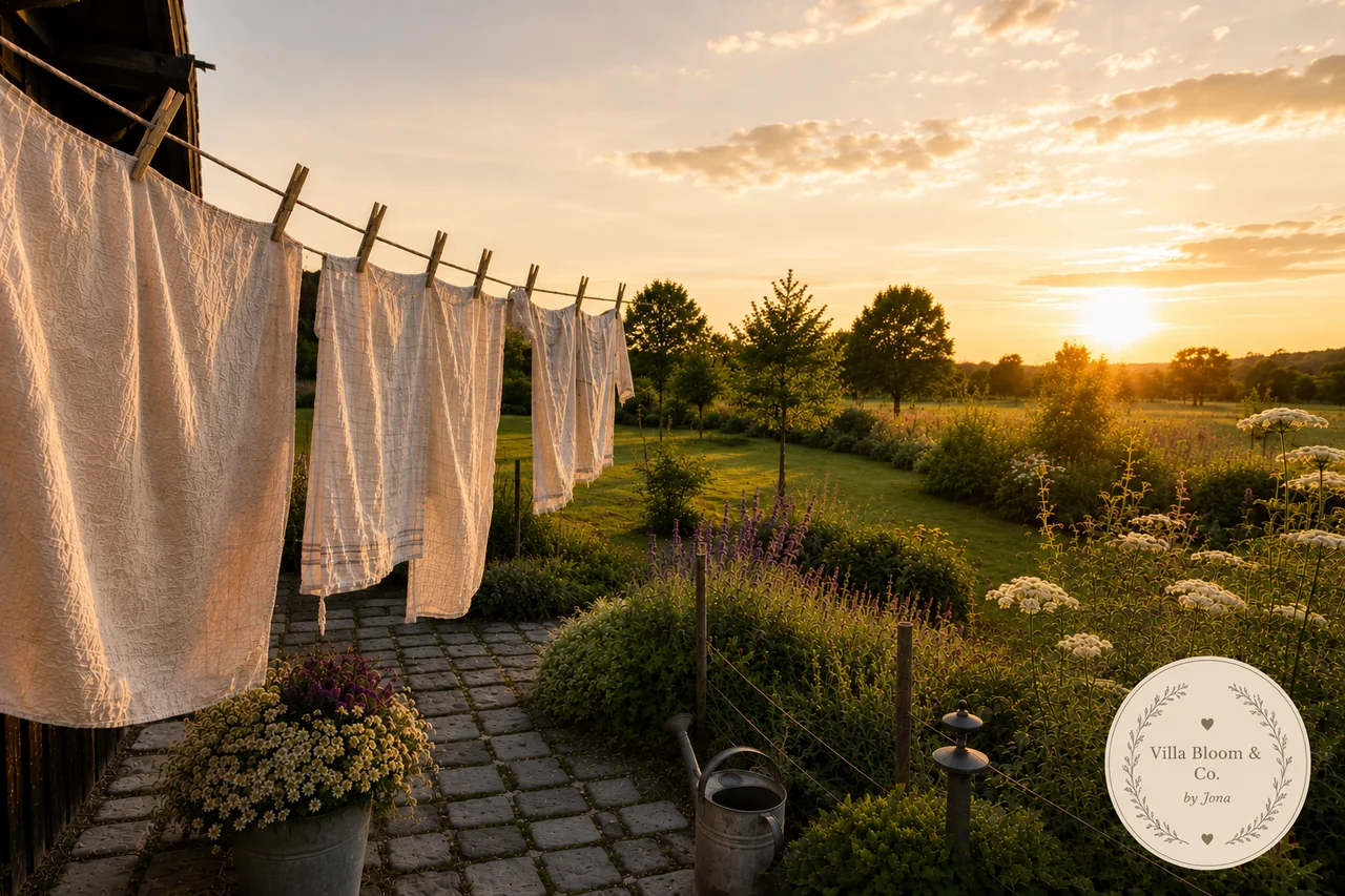 Linge de lit en lin blanc séchant sur l'étendoir au coucher du soleil au-dessus d'un jardin d'été sauvage avec marguerites et fleurs sauvages, arrosoir et pavés