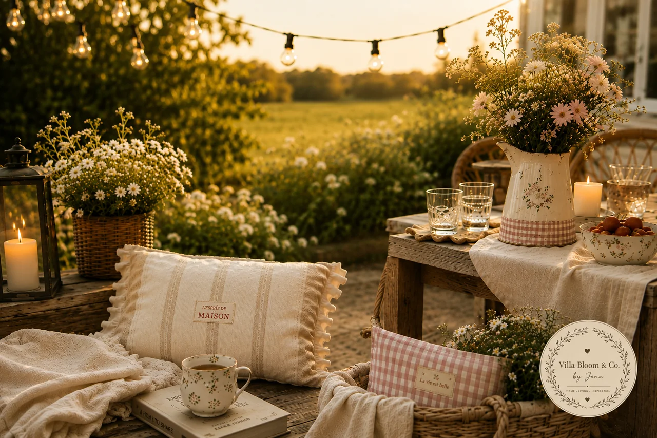 Soirée d'été romantique style maison de campagne avec guirlandes lumineuses au-dessus de la prairie, lanterne-tempête, marguerites dans un panier, cruche crème vintage avec fleurs sauvages, tasse à café et coussins moelleux à broderies françaises
