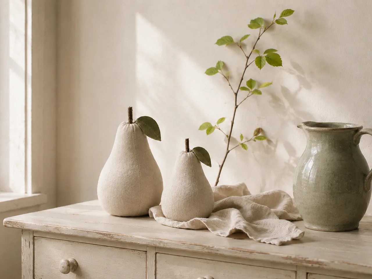 Leinenbirnen in Creme auf heller Kommode mit gr&uuml;nem Zweig &ndash; Sp&auml;tsommer-Deko im Landhausstil