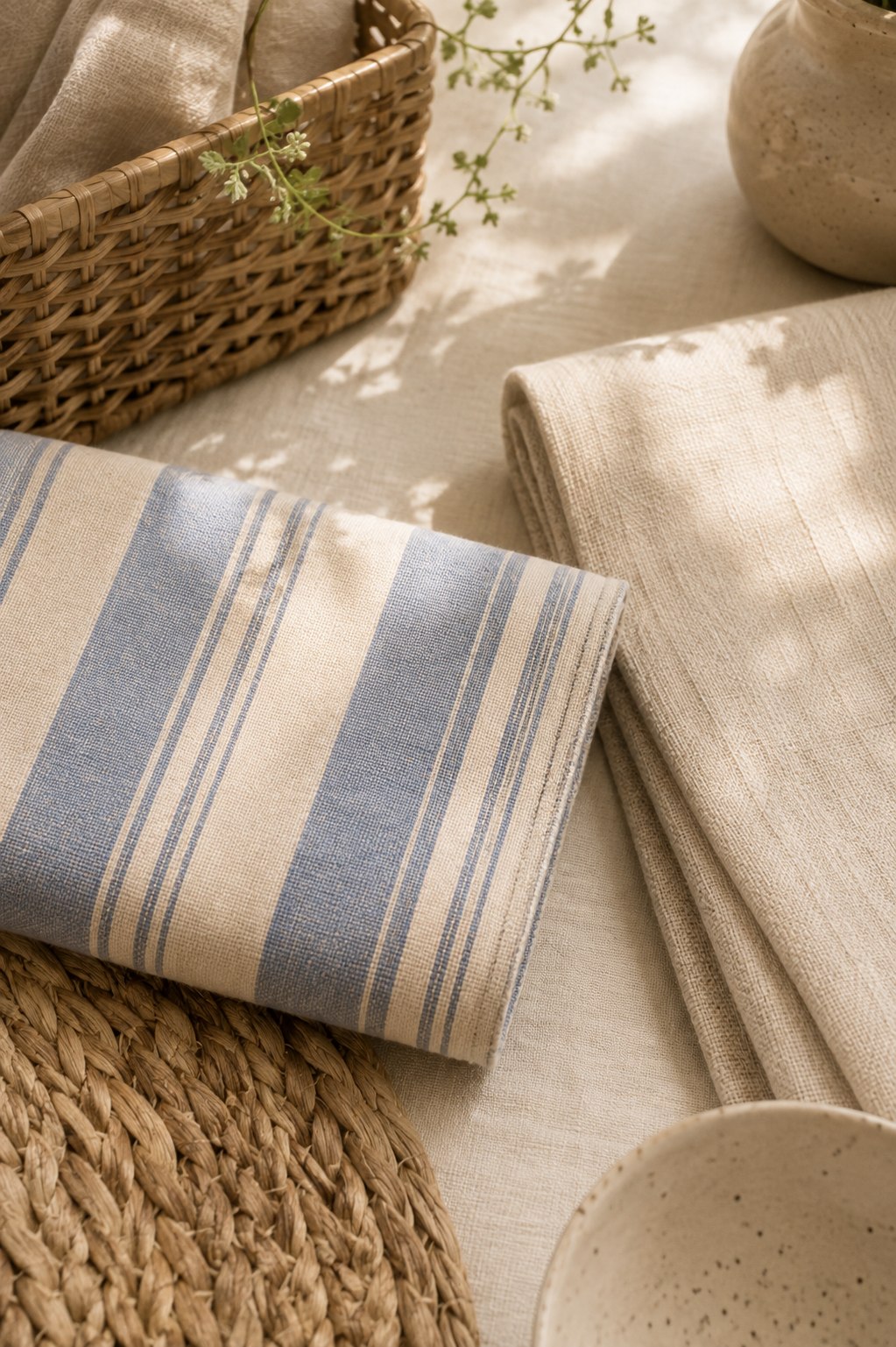 Detail im Skandi-Coastal-Stil: helle Leinentextilien mit blau-weiß gestreiftem Tuch, Rattankorb und heller Keramik