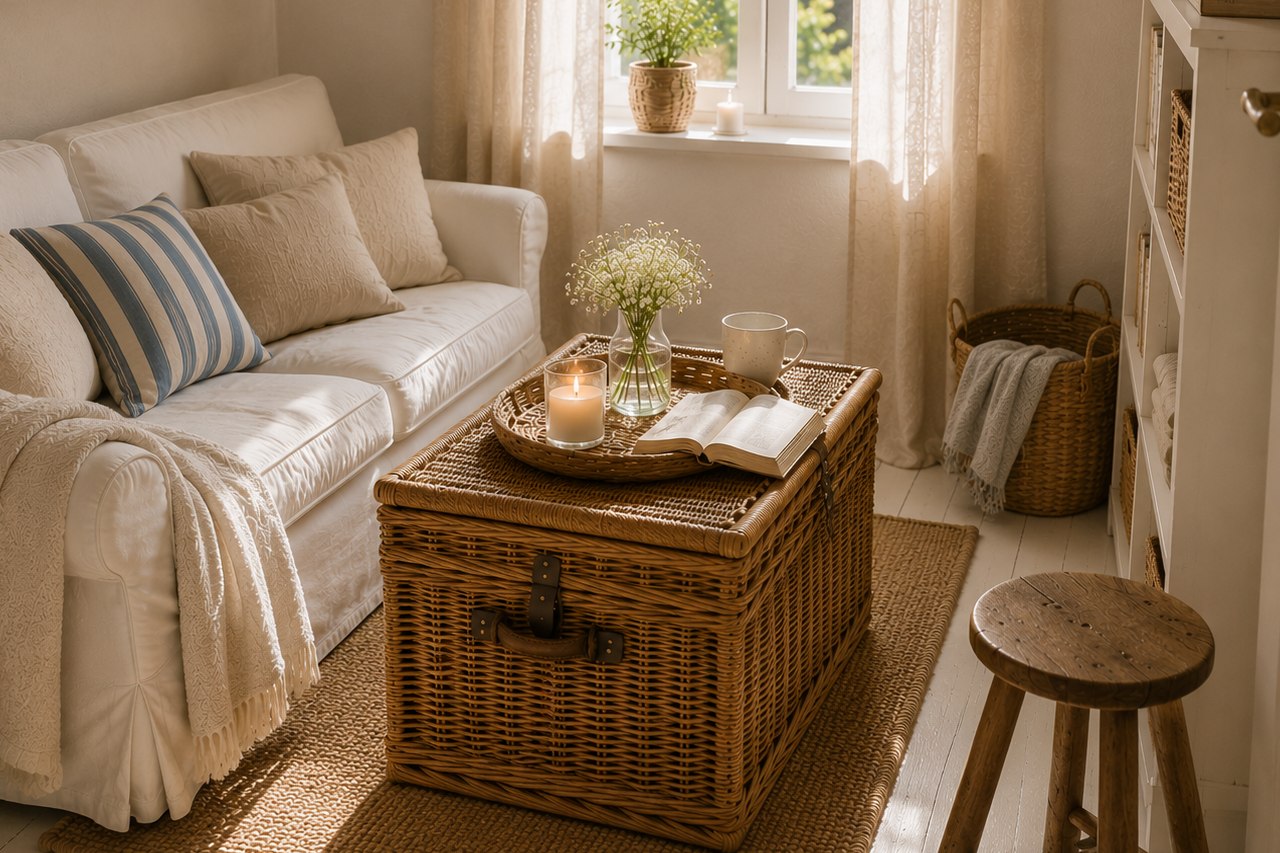 Rattan-Truhe als Couchtisch vor einem weißen Sofa mit blau-weiß gestreiftem Kissen