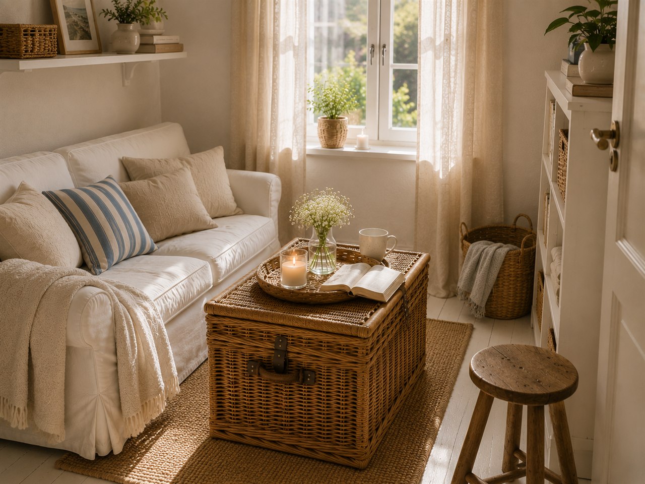 Helle kleine Wohnung im Skandi-Coastal-Stil mit weißem Sofa, beigen Kissen, hellblauen Akzenten und einer Rattan-Truhe als Couchtisch