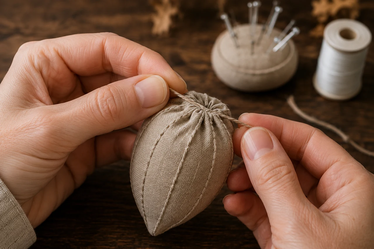 Die obere Öffnung der gefüllten Eichel wird mit einem Laufstich zusammengezogen