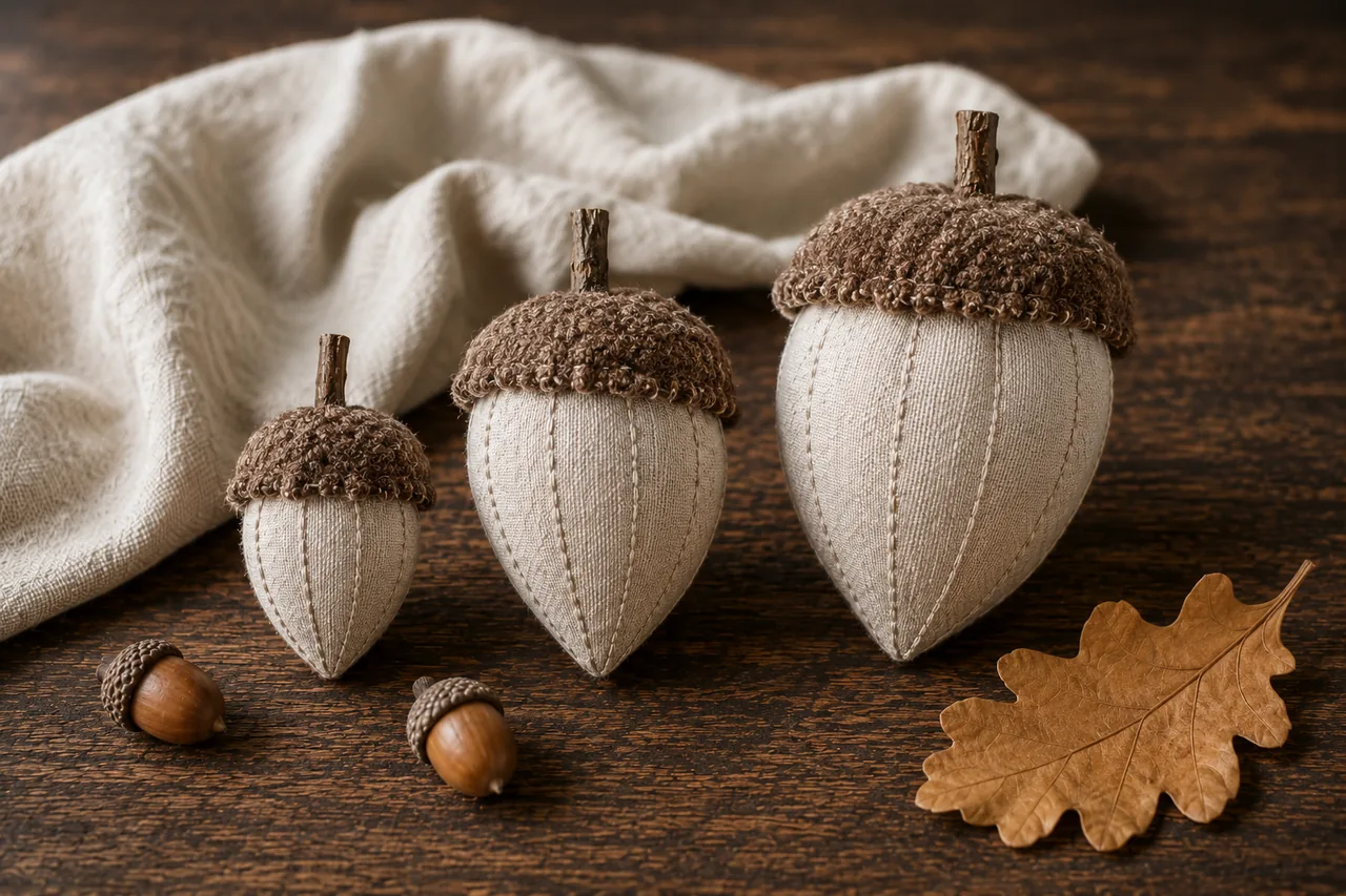 Selbst genähte Stoffeicheln aus Leinen mit Bouclé-Käppchen und Zweigstielen auf einem Holztisch