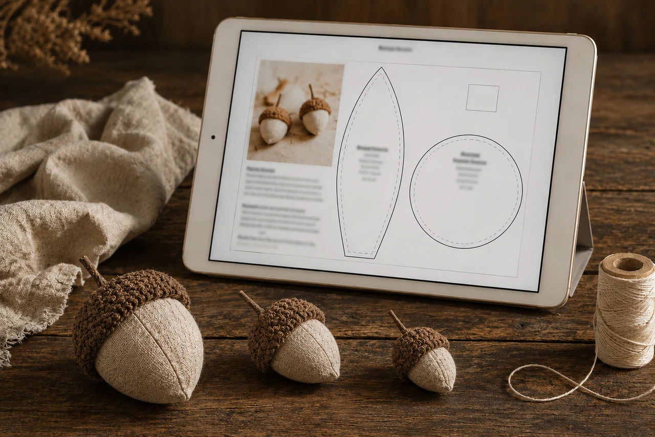Tablet mit dem Schnittmusterbogen aus Nähmagazin No. 03, davor drei fertige Stoffeicheln in drei Größen
