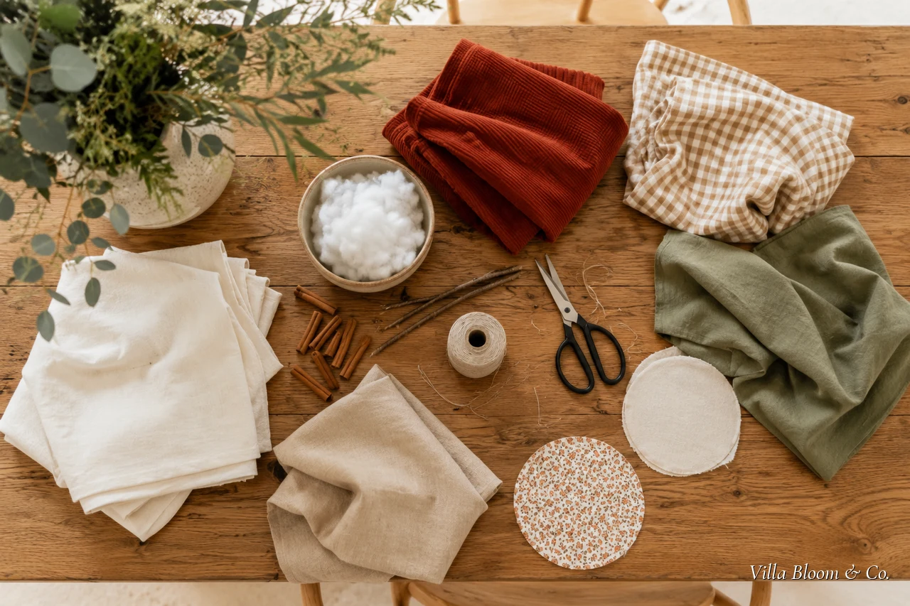 Material für Stoffkürbisse: Stoffreste in Herbsttönen, Nadel, Faden, Zimtstangen und Füllwatte