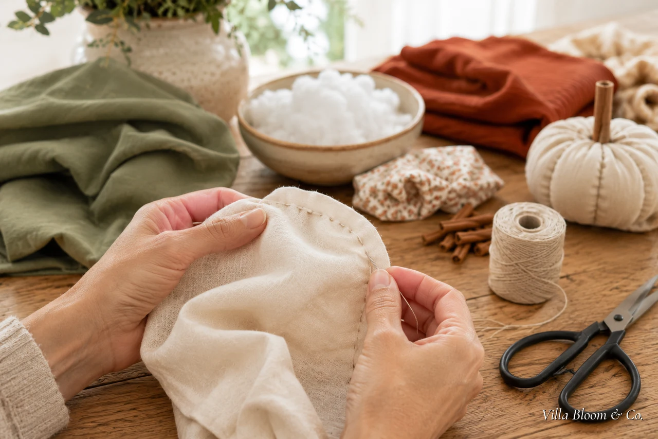 Ein Stoffkreis wird rundherum mit großen Vorstichen von Hand genäht