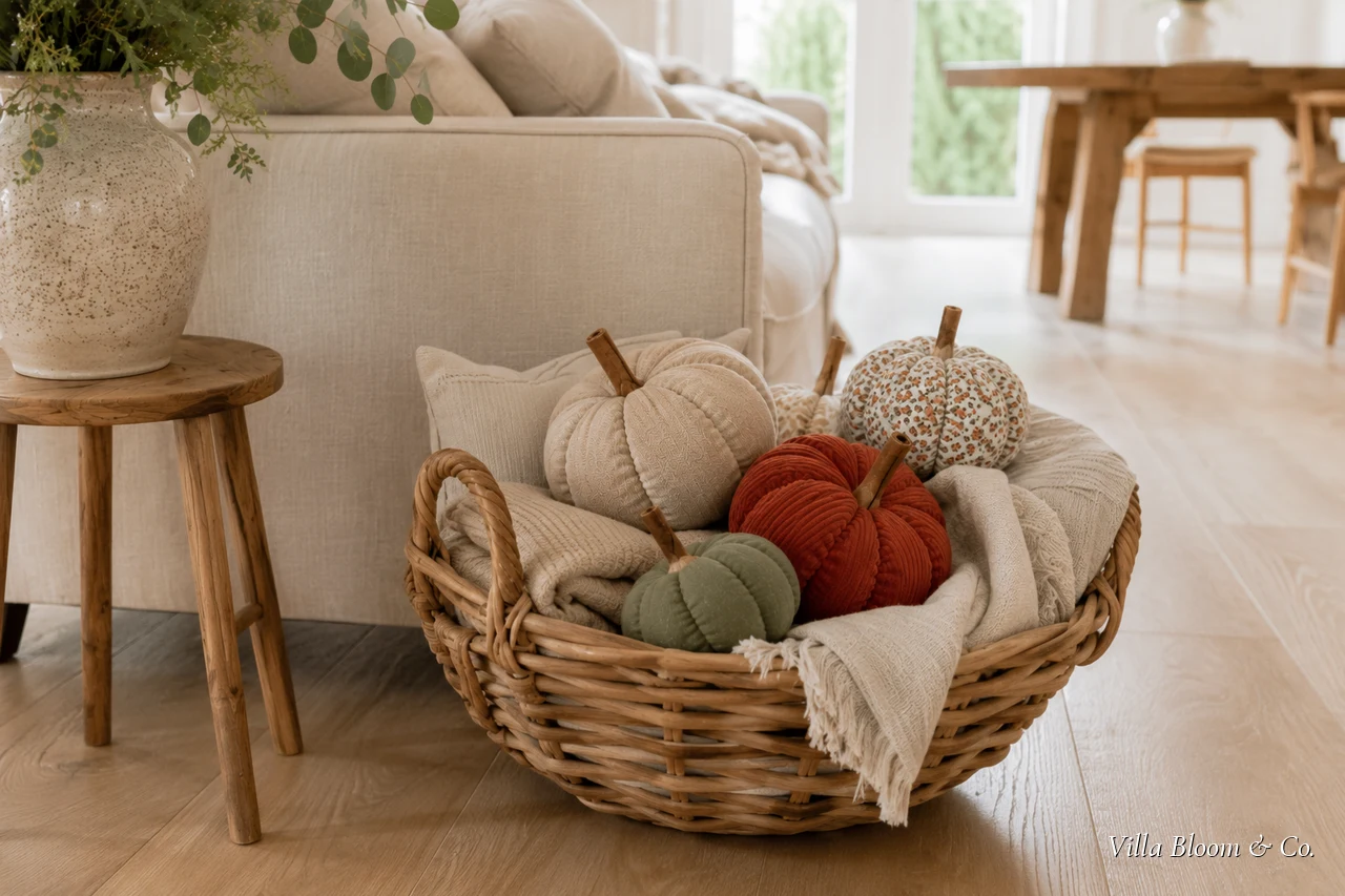 Stoffkürbisse in einem Rattankorb als herbstliche Deko
