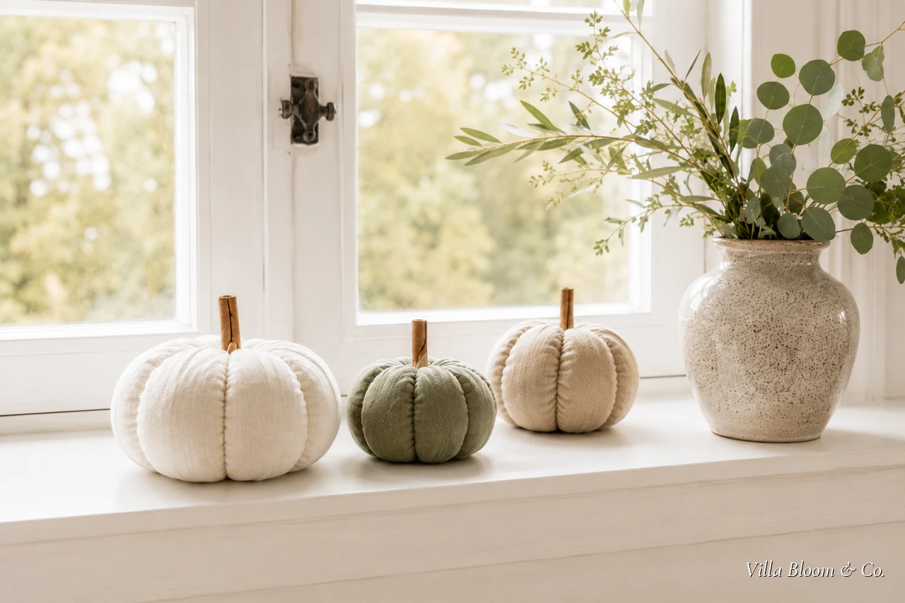 Kleine Stoffkürbisse auf einer Fensterbank im weichen Herbstlicht