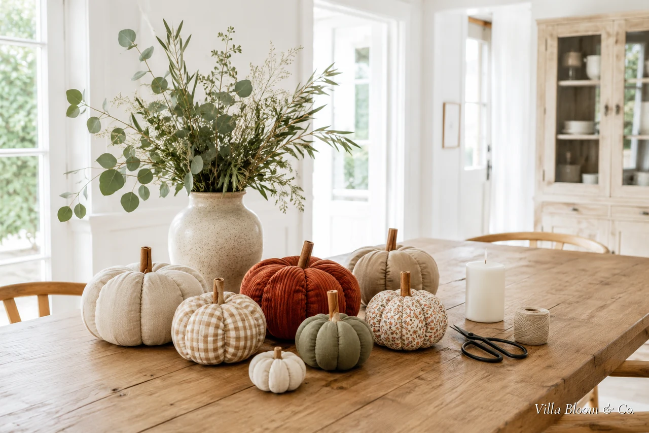 Selbst genähte Stoffkürbisse in Herbstfarben auf einem Holztisch im Landhausstil