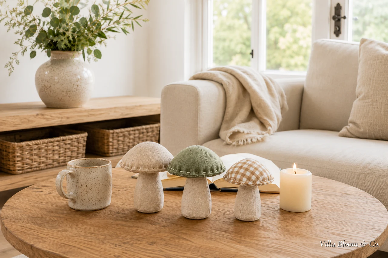 Stoffpilze und Stoffkürbisse zusammen auf einem Sideboard im Landhausstil