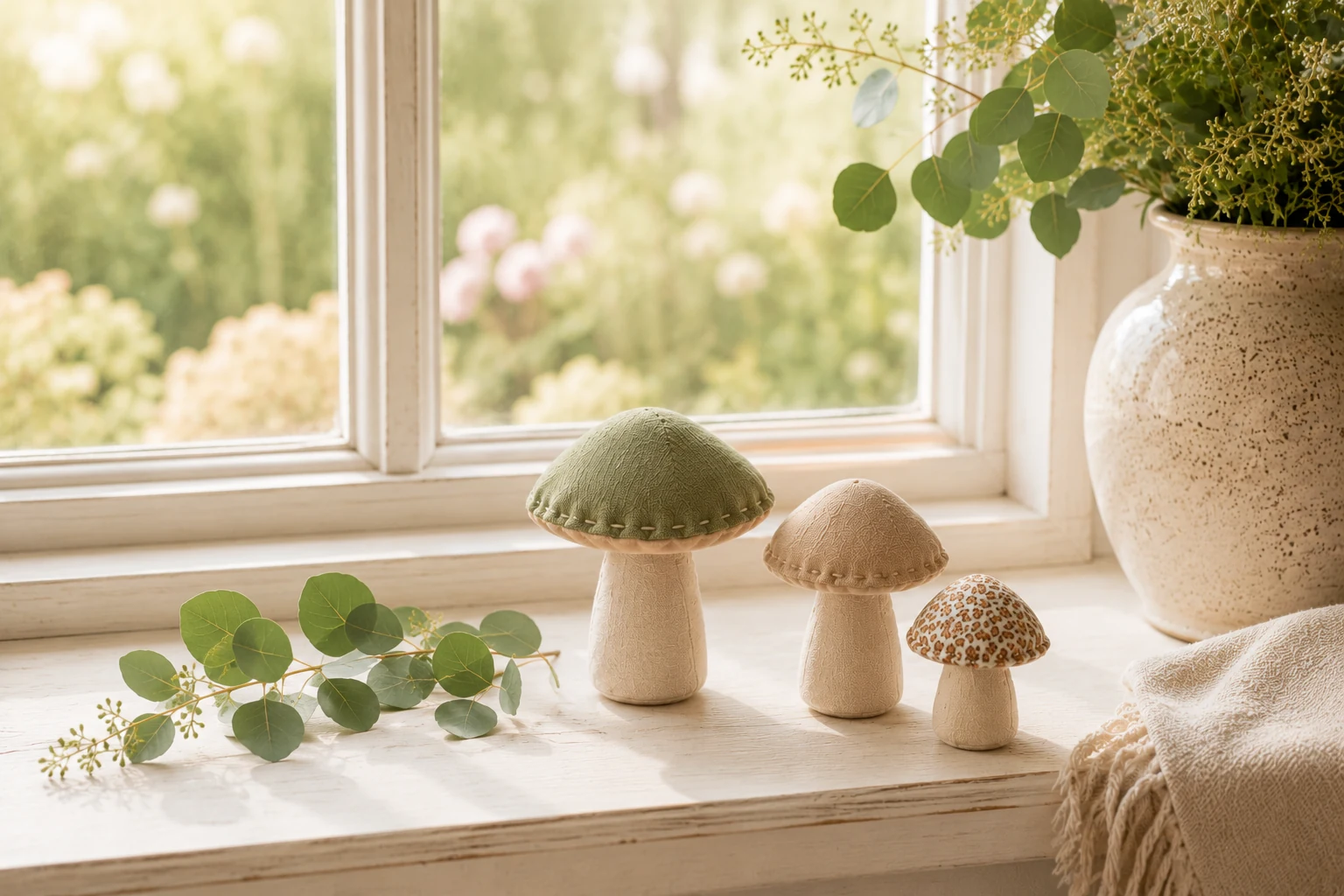Kleine Stoffpilze auf einer Fensterbank im weichen Herbstlicht