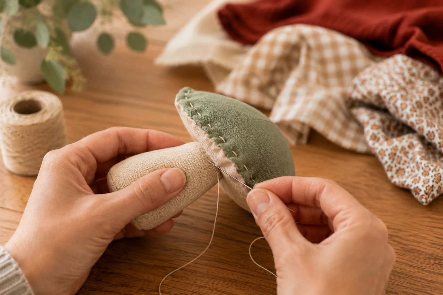Der Hut wird von Hand mit dem Matratzenstich an den Stiel genäht