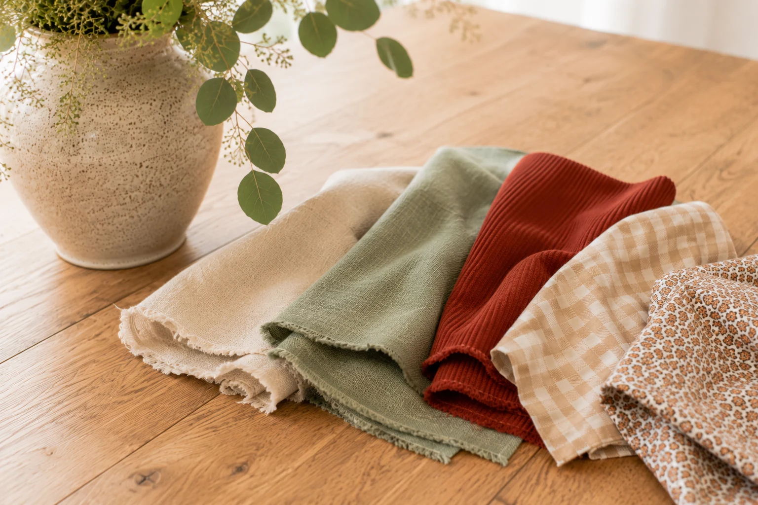 Stoffreste in Herbsttönen für Stoffpilze – Leinen, Cord, Gingham und florale Baumwolle auf einem Holztisch