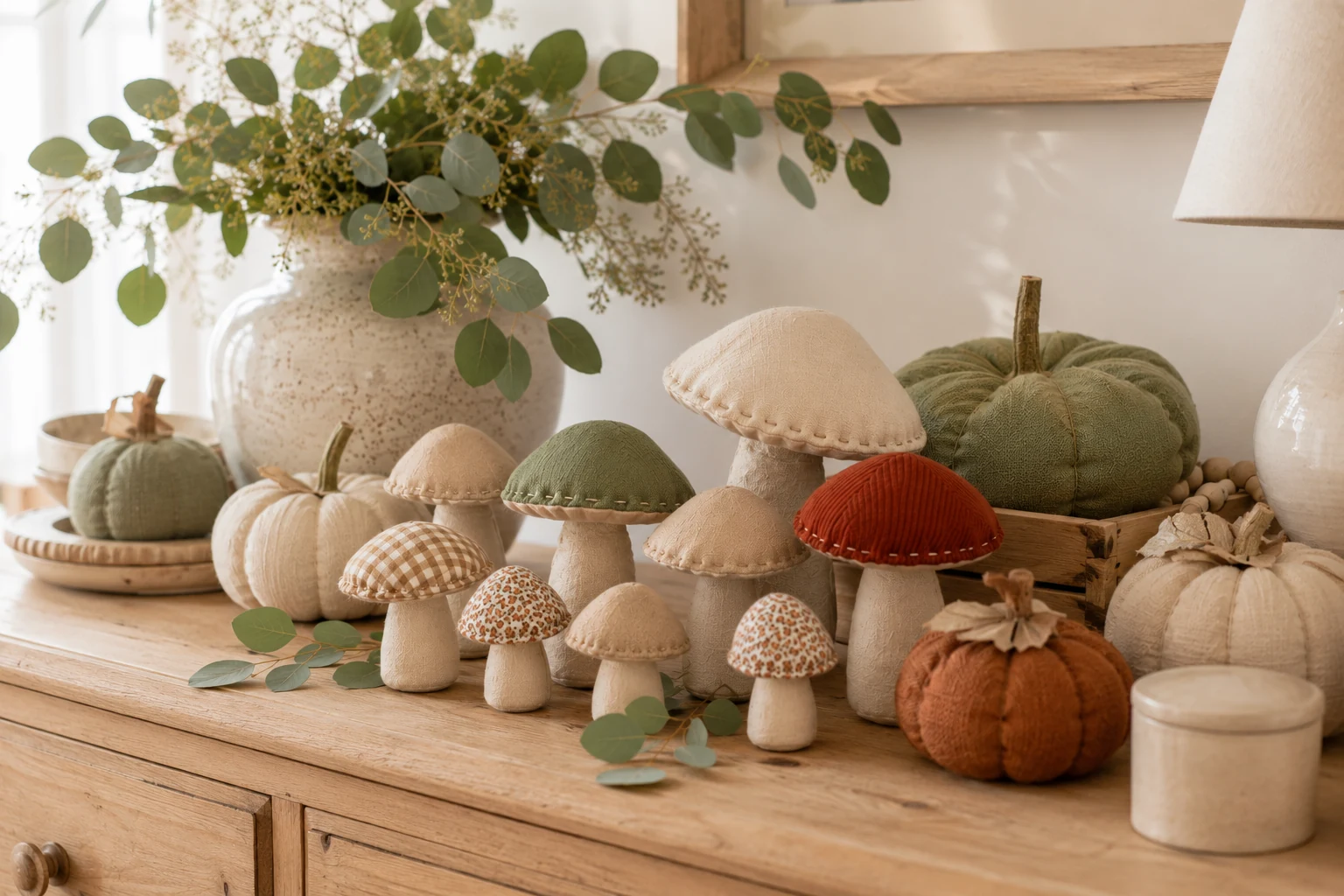 Stoffpilze und Stoffkürbisse zusammen auf einem Sideboard im Landhausstil