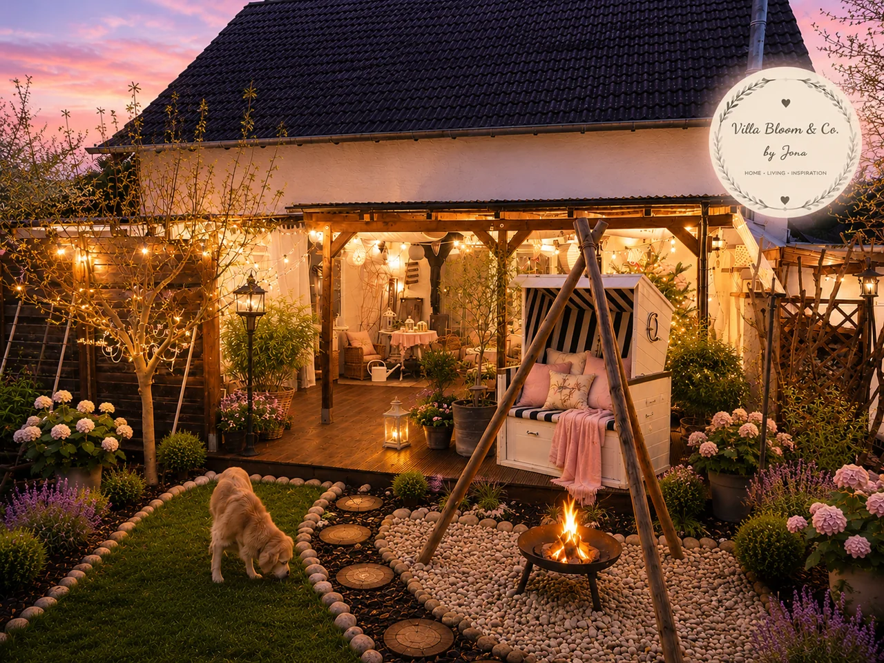 Terrasse in der Abenddämmerung mit vielen Lichterketten, Laternen und einer Feuerschale