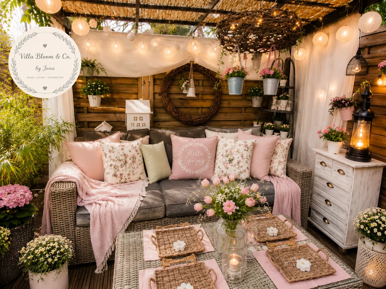 Gemütliche überdachte Terrassen-Sitzecke mit Sofa, vielen Kissen und Lichterketten