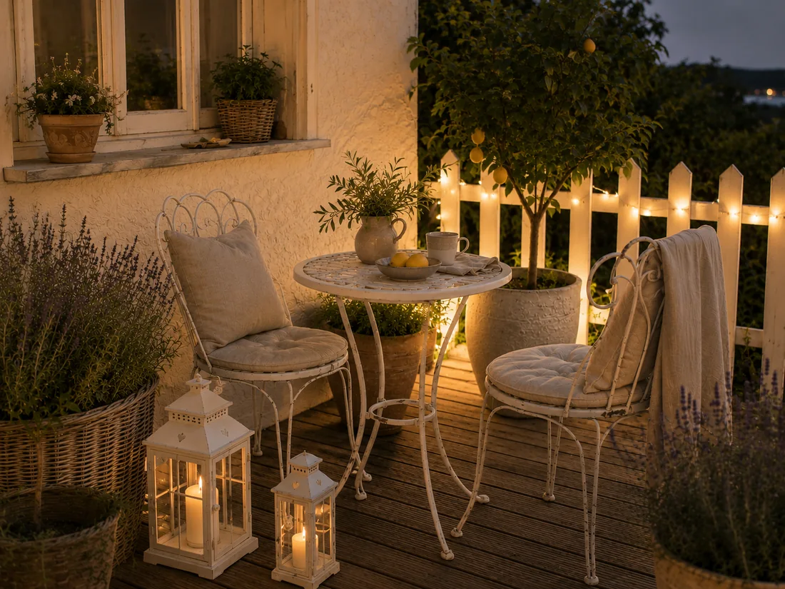 Bistrogruppe am Abend mit Laternen und Lichterkette im Landhausstil
