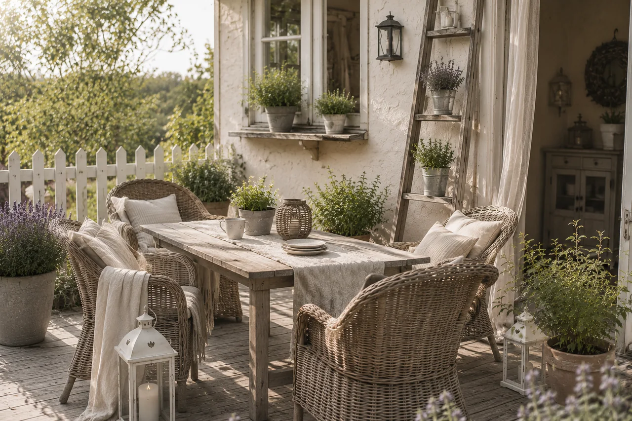 Terrassenmöbel im Landhausstil – alter Holztisch mit Korbsesseln und Kräuterleiter am Gartenhäuschen