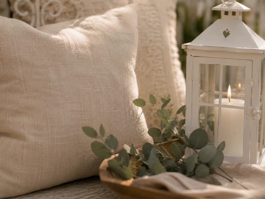 Helle Leinenkissen mit Laterne und Eukalyptus im Landhausstil